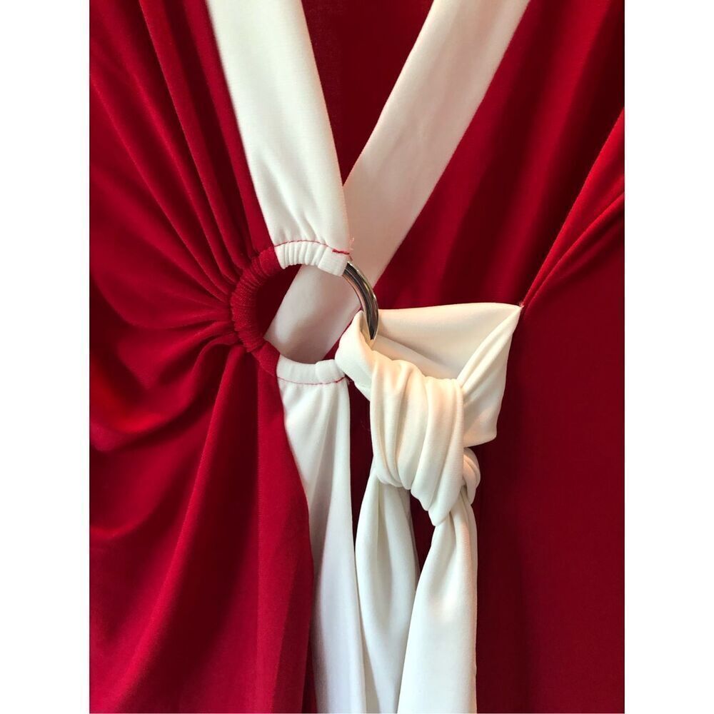 Nina Leonard Woman’s Red and White 3/4 Sleeve Wrap Style V Neck Dress Size 3X - Picture 4 of 10